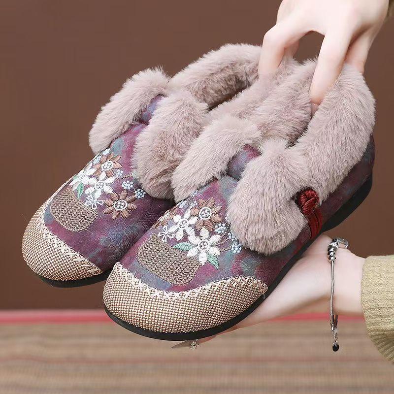 

Модные женские зимние новые низкие кеды с вышивкой из хлопка, круглый носок, слипоны на плоской подошве, плюшевые теплые этнического стиля, хлопковые туфли для пожилых 35 красный