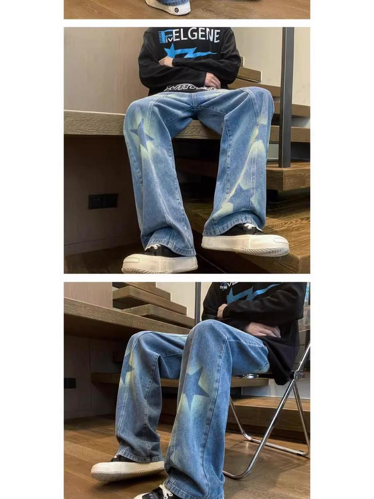 Unisex Korean Street-Style Elastic Waist Dark Star Jeans - Trendy, Loose Straight-Leg for Spring and Autumn