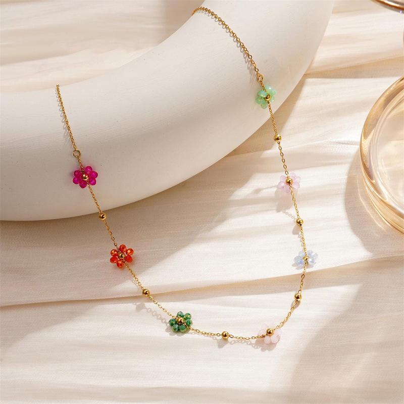 Vergulde Roestvrij Staal Waterdichte Ketting Armband Set Kleurrijke Kunstmatige Kristal Bloem Ketting Sieraden Set voor Vrouwen Cadeau
