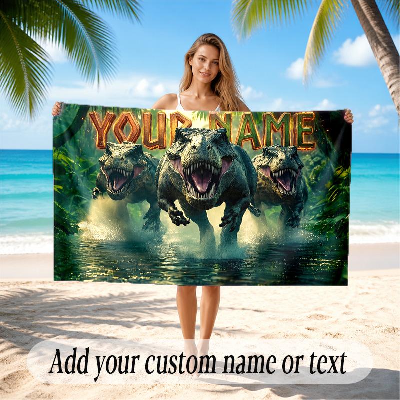Dinosaur Theme Quick Dry Beach Towel Custom Name Text Print Large Sand Resistant Towel Beach Vacation