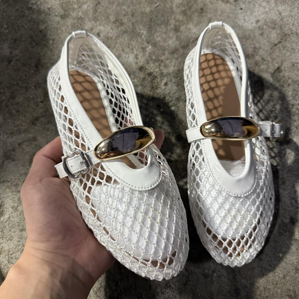 Summer Women's Fashion Metal Decor Belt Flat Soft Soled Shoes Ladies Mesh Breathable Casual Round Toe Flats Women Shoes