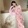 Pink Super Fairy Butterfly Mesh Dress Printed Swing Collar Suspender Printed Bow Pure Desire Sweet Medium Length Skirt