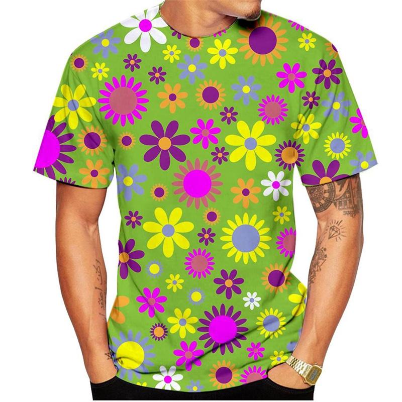 Summer Round Neck 3D Colorful Flower Print Top Fashionable Casual Hawaiian Vacation Style Short Sleeved Men's T-shirts
