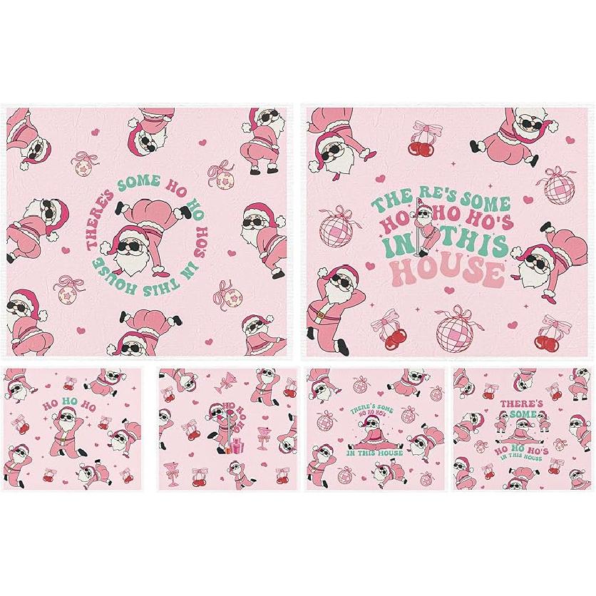 Christmas Swedish Dishcloths for Kitchen - 6PCS Funny Pink Santa Swedish Cloths for Washing Dishes, Friendsmas Reusable Dish Towels, Ho Ho Hos Funny Santa