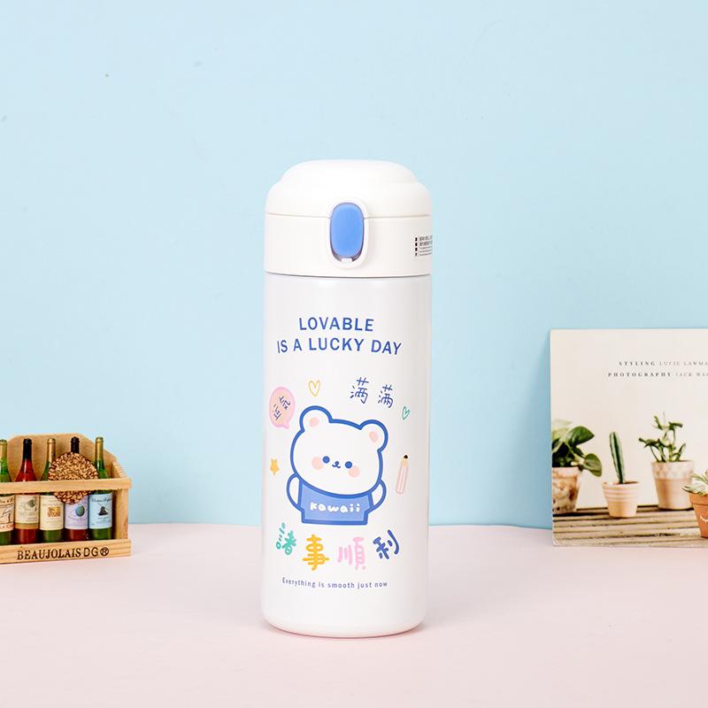 380ml Cute Cartoon Animal 304 Stainless Steel Water Bottle, One Click Pop Up Straw Insulated Thermos for Kids Girls Students