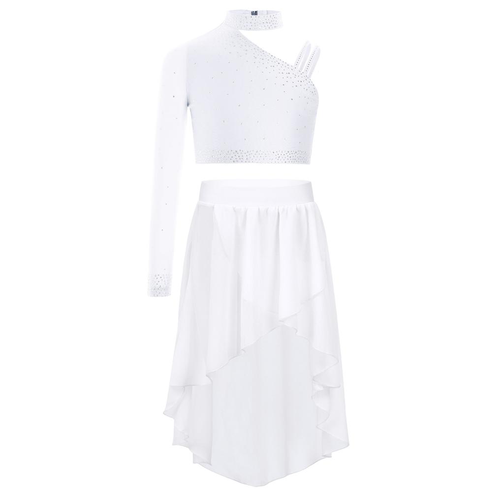 Girls Dance Costume Set Sparkly Rhinestones Crop Top with High-Low Chiffon Skirt