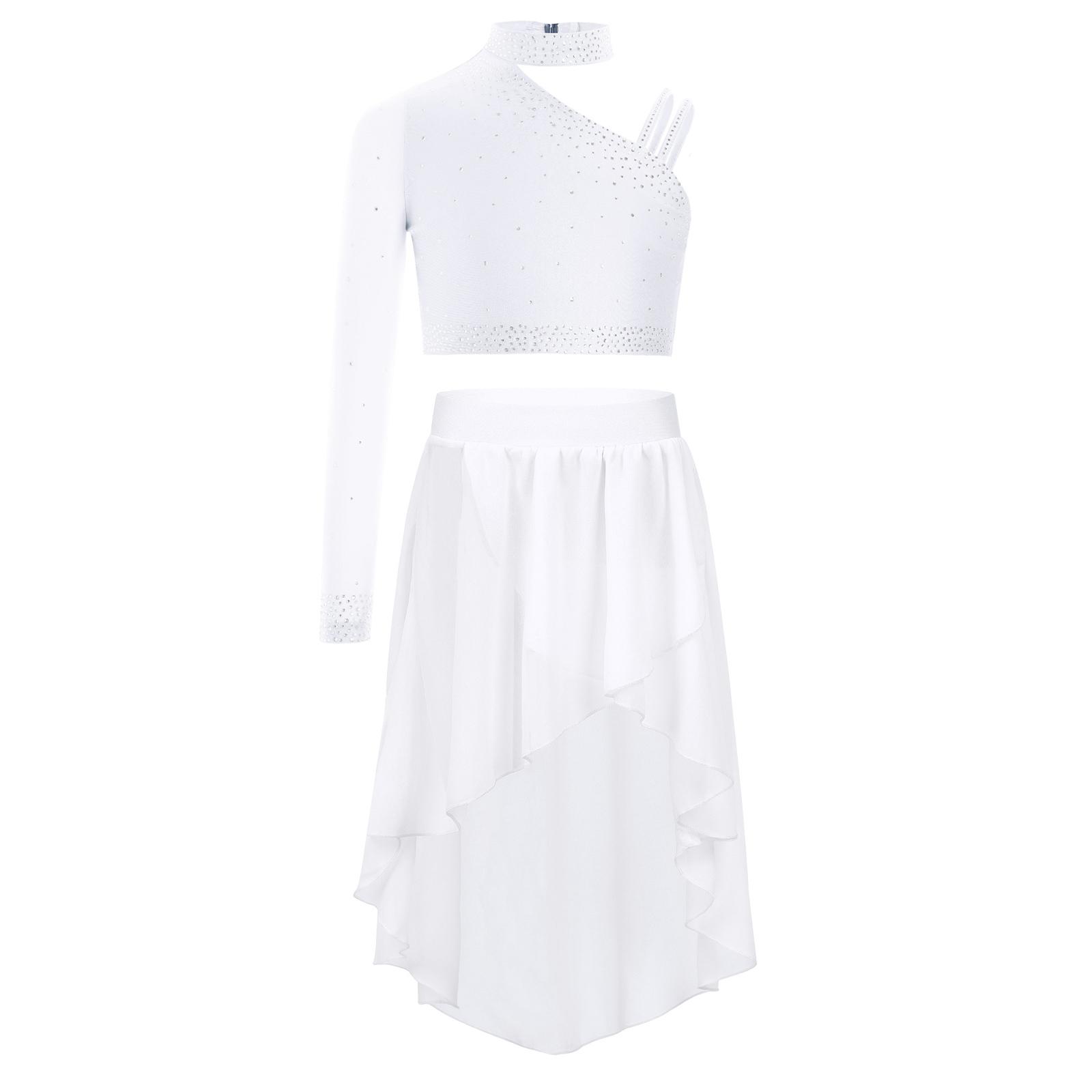 

Дитячий Дівочий Блискучий Танцювальний Комплект з Стразами Топ Кроп на Одне Плече з Неправильним Краєм у Поєднанні з Легкою Шифоновою Спідницею 11-12 Years білий