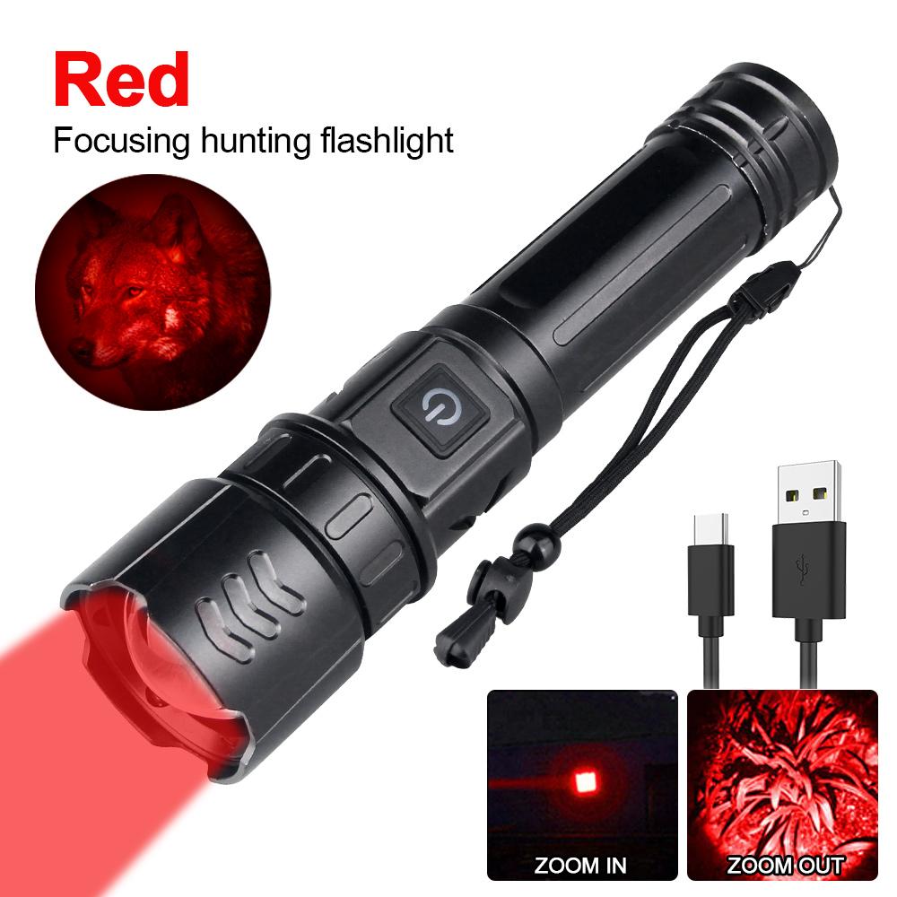 Green Flashlight Professional LED Zoomable Torch for Hunting USB Rechargeable Night Scout Light+Press Switch+Gun Clip