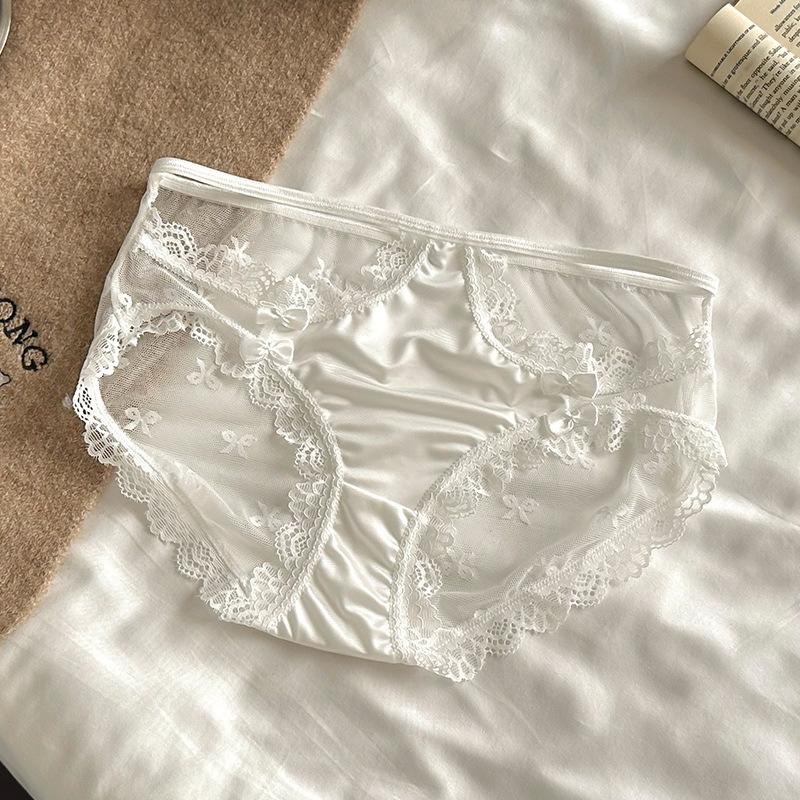 Ladies New Summer Sexy Lace Hollowed Out Bow Package Hip Mid Waist Triangle Briefs