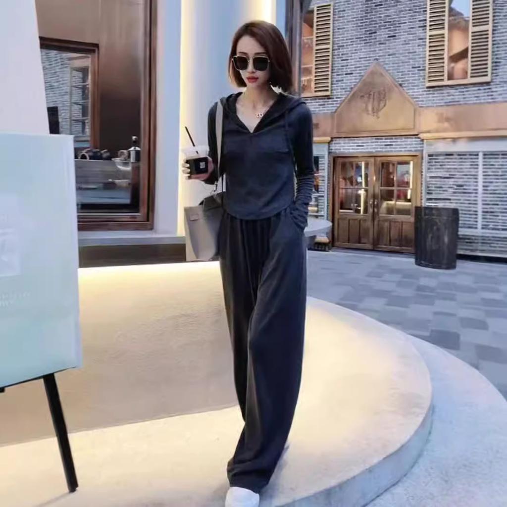 Sports and Casual Hooded Sweatshirt Set for Women, Autumn French Simple Top, Wide-leg Trousers Two-piece Set