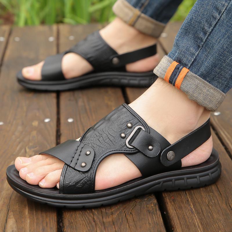 Men's Summer Leather Beach Sandals - Non-slip, Soft Sole, Plus Size, Casual Outdoor Driving Shoes