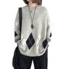 Round Neck Argyle Knit Long Pullover Check Loose Plus Sizes for Winter [Guo.KK7] Women's Sweater, Sleeves, Mid-Length, Top, Pattern, Stretchy,