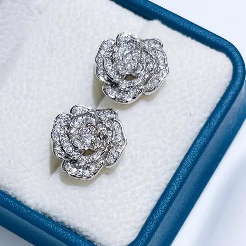 Orecchini Stile Celebrità Francese Fiore di Camelia Intagliato Vintage Orecchini con Zirconi Accessori Regalo per San Valentino