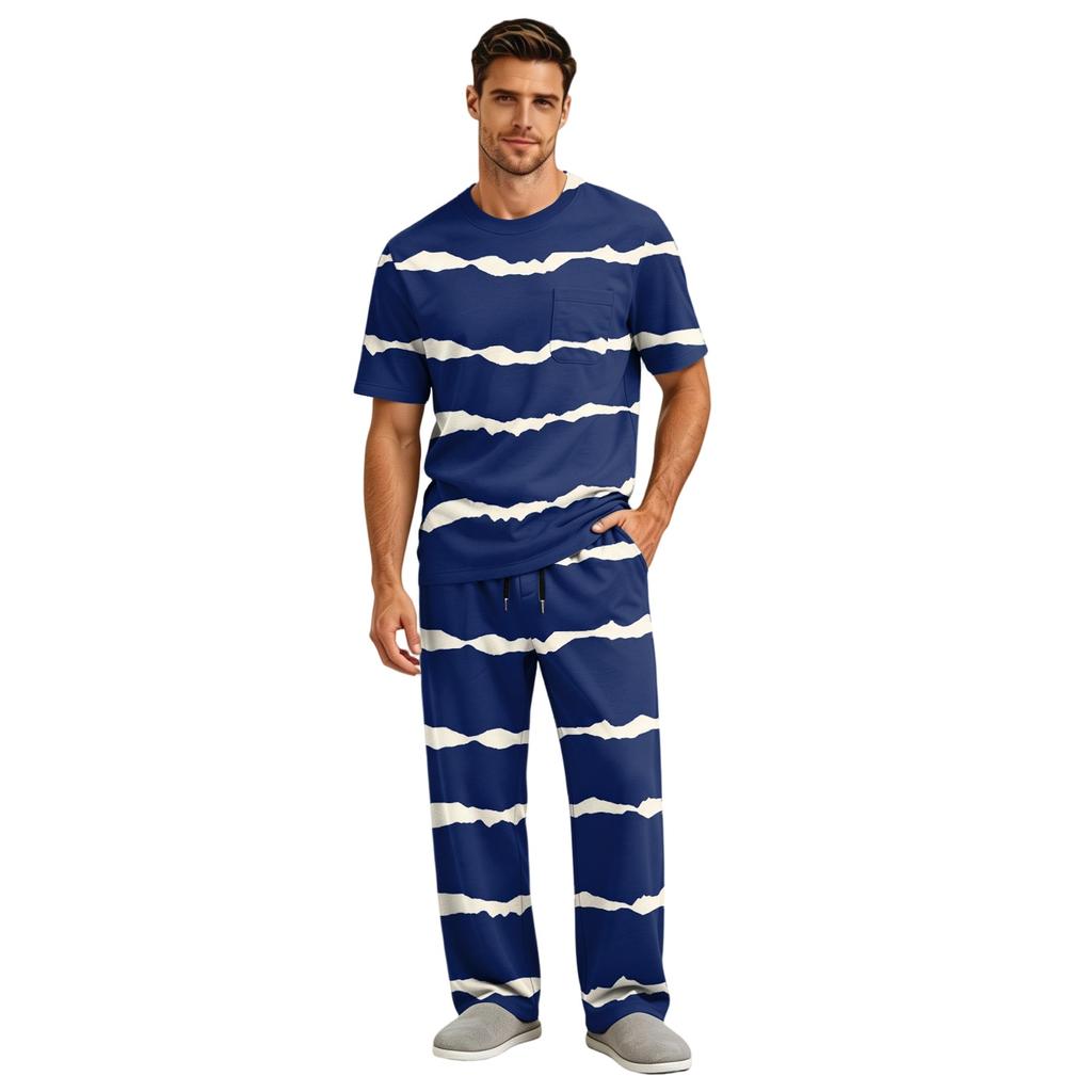 Men's Short Sleeve Pajama Set with Long Pants, Button Crotch, Elastic Waist Drawstring - Comfortable Sleepwear