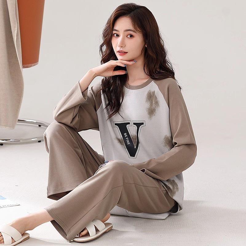 Women's pajamas spring and autumn long-sleeved trousers pure cotton two-piece suit, girls can wear cotton loungewear in autumn and winter