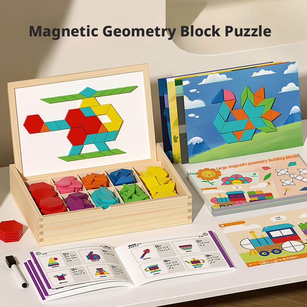 Magnetic Wooden Puzzle Blocks Geometric Shapes Tear Educational Box Safe Off Gift Storage Cards Toy Design Portable Learnin M0W0