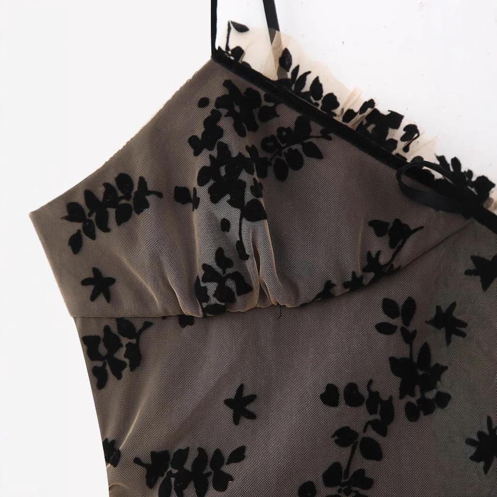 2024 Winter European & American Style Women's Sexy Burnout Patchwork Spaghetti Strap Midi Dress