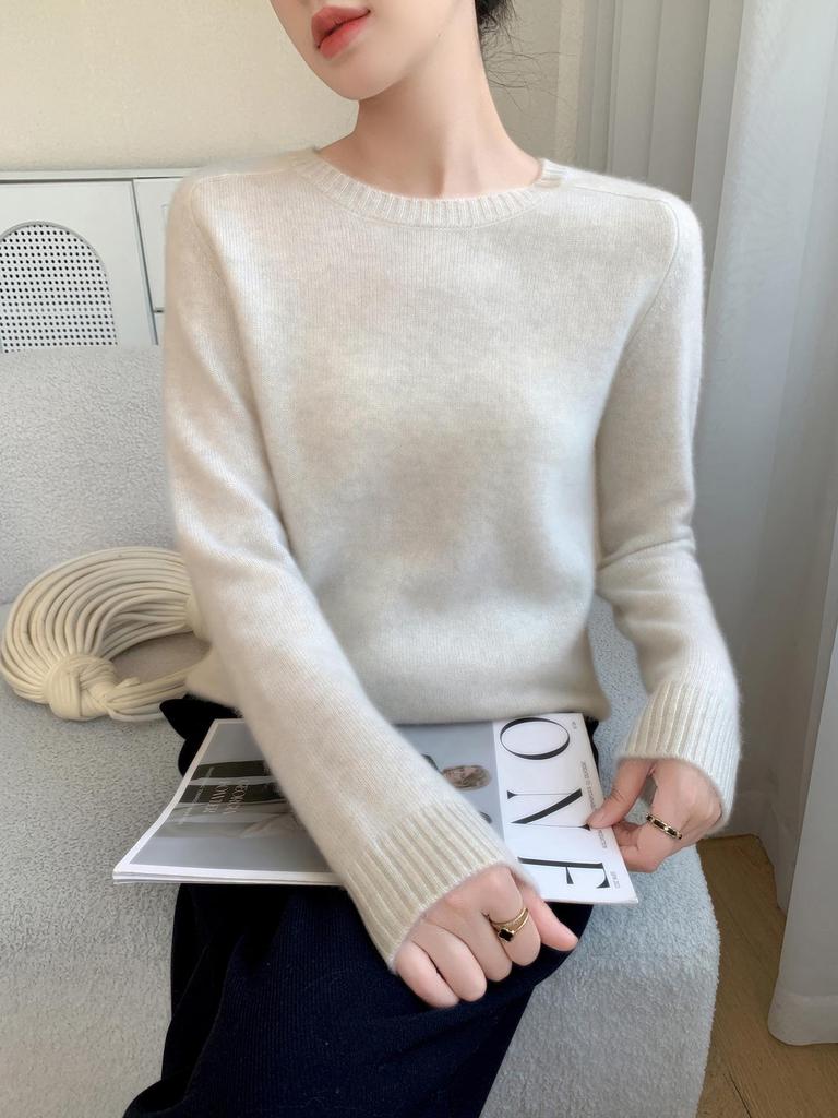 2025 Autumn/Winter Women's Elegant Cashmere Knit Top, Long Sleeve, Loose Fit, Solid Color, Round Neck Sweater