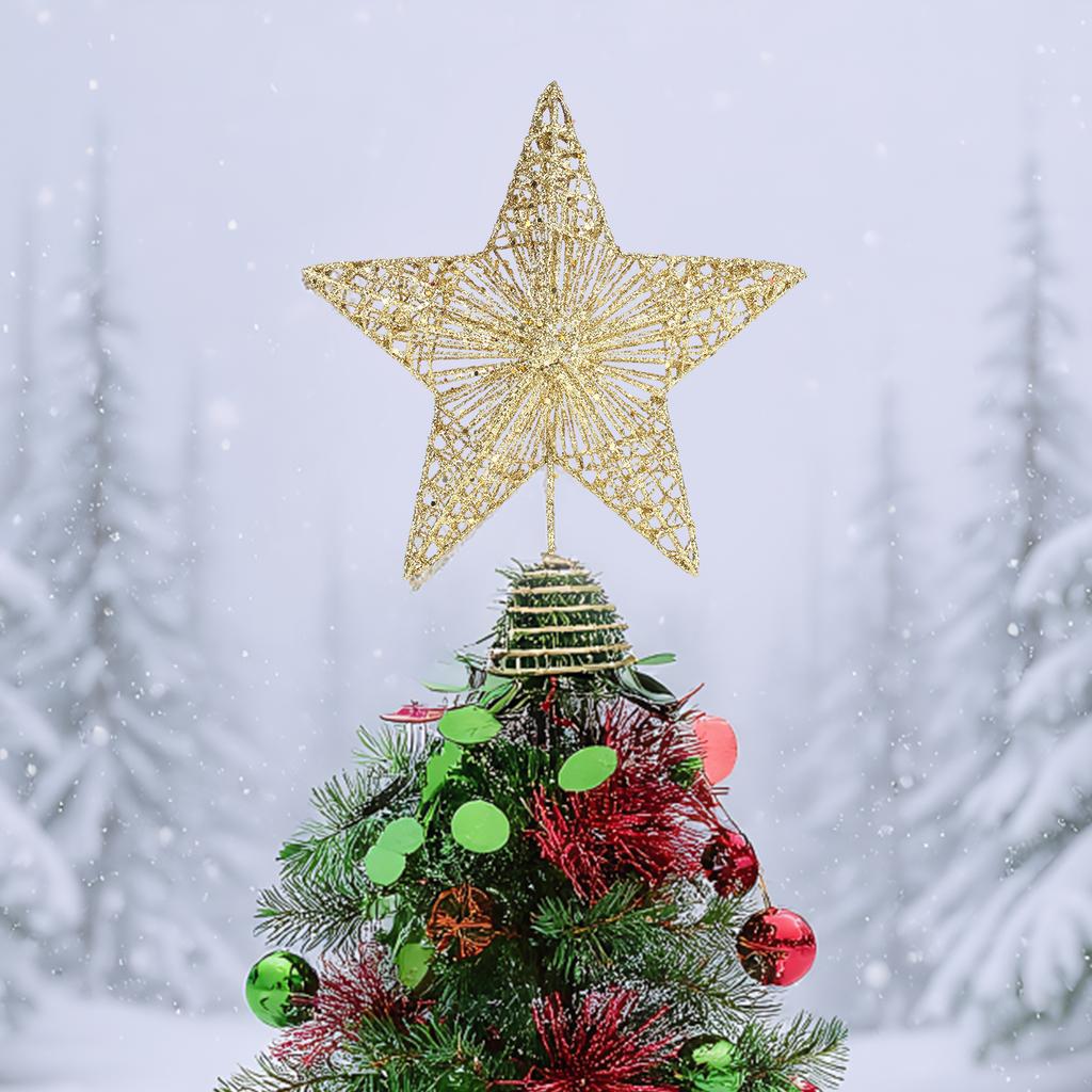 1 Pack Sequin Christmas Tree Toppers W/ Linear Sequin Design Hollow Five Pointed Star Ornament for Festive Holiday Tree Display