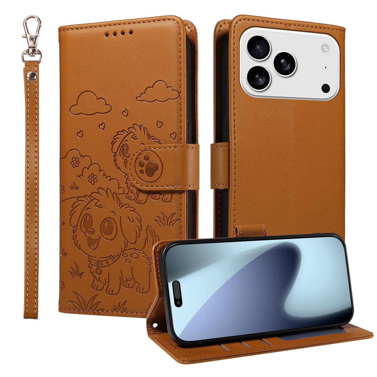

For iPhone 17 Pro Case RFID Blocking Imprinted Dog Pattern PU Leather Phone Cover with Wrist Strap E