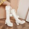 Fashion Lolita High Boots Winter Warm Fur Neck Girls Cosplay Party JK Princess Shoes Lace Up Bowtie Chunky Heel Side Zipper PU Leather