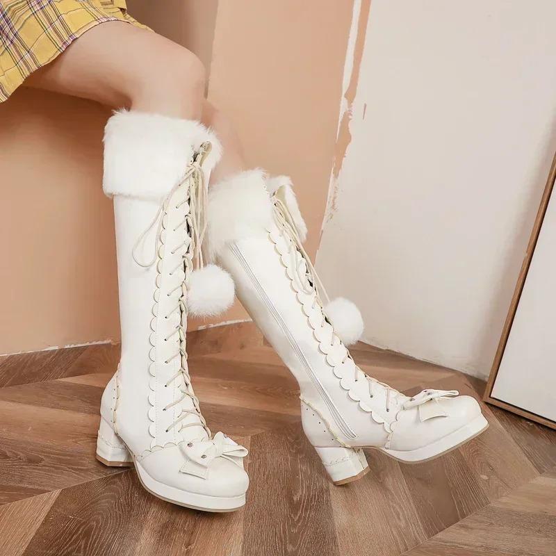 Fashion Lolita High Boots Winter Warm Fur Neck Girls Cosplay Party JK Princess Shoes Lace Up Bowtie Chunky Heel Side Zipper PU Leather