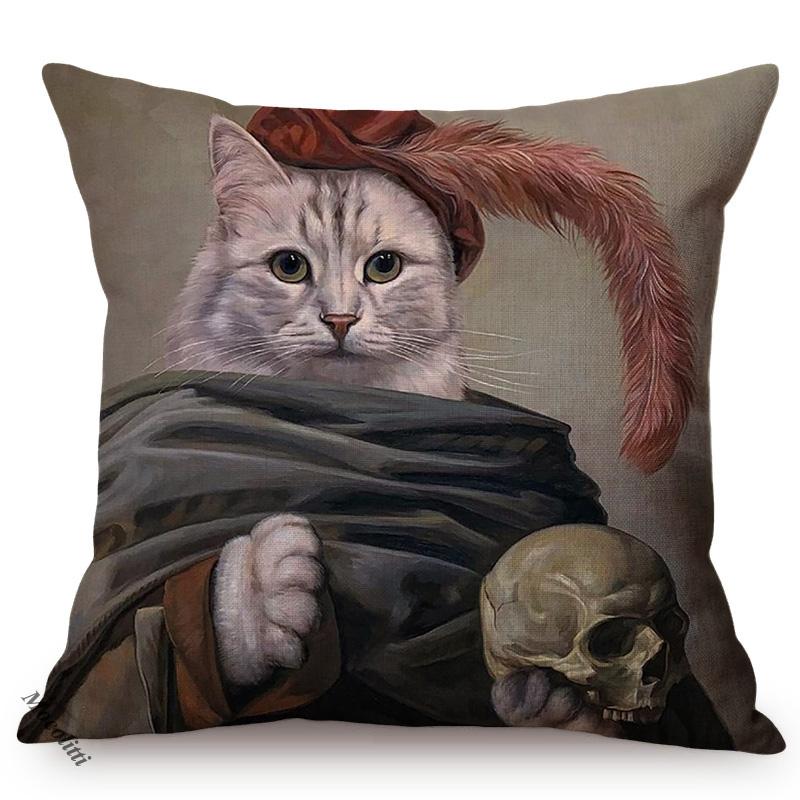 Cat Funky Portrait Style Sofa Decorative Throw Pillow Case Gentleman Animal Oil Painting Art Cotton Linen Cushion Cover Cojines