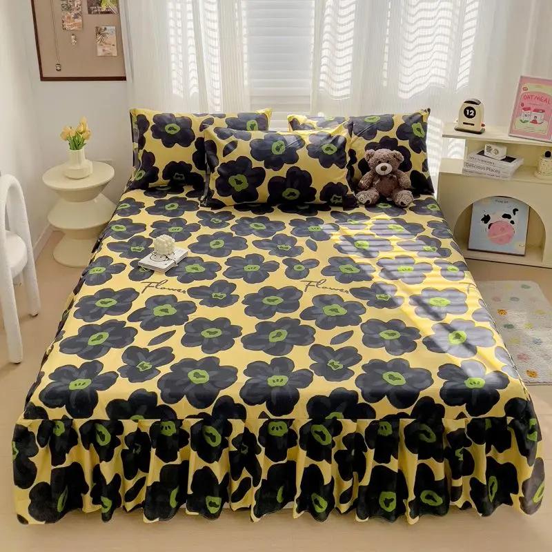 Printed Cotton Bed Skirt Three Piece Set All Season Universal Ruffle Edge Single Bed Cover Soft Comfortable Bedding Bedspread