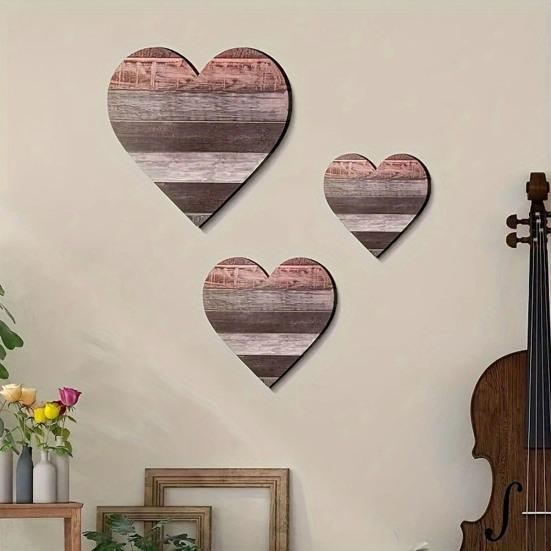 3 Pcs Wooden Heart Wall Decor Vintage Heart Shaped Wall Sign Rustic Hanging Love Plaque for Kitchen Bedroom Bathroom Living Room Farmhouse Decor