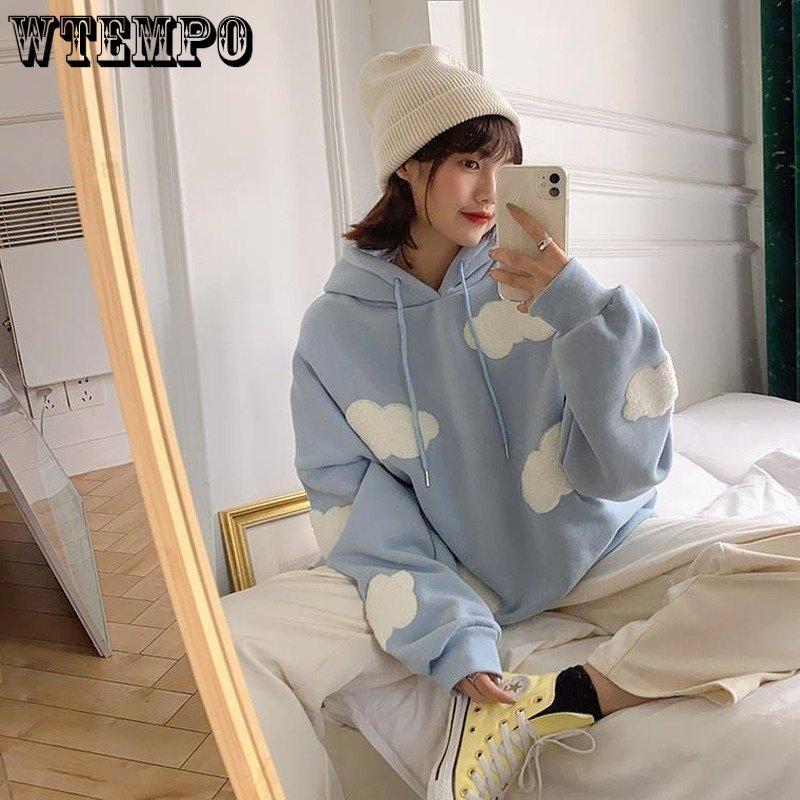 Koreanisches Sweatshirt Damen Winter Wolken Pullover Damen Plus Samt Warm Langarm Oberteile Lässige Kapuzenpullover