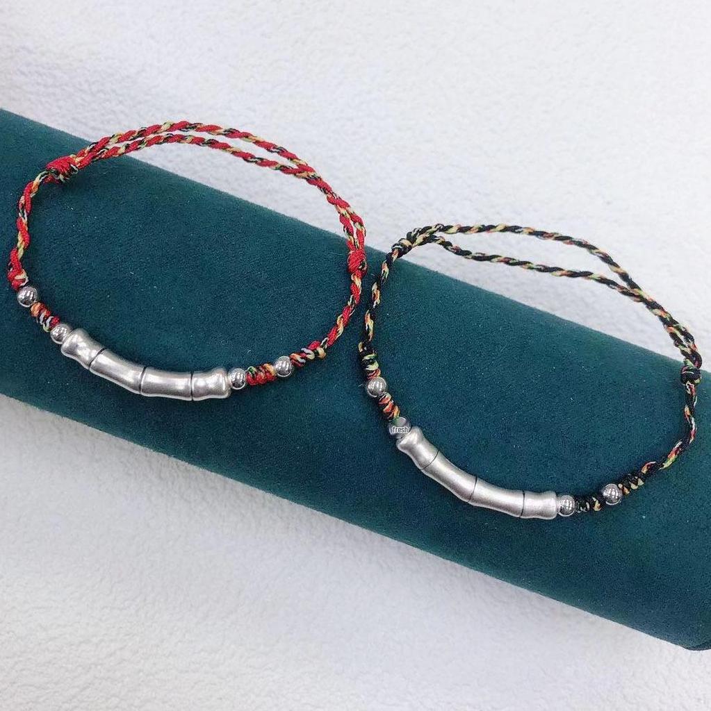 Bamboo Joint Pure Silver 999 Couple Bracelet with Hand-Woven Red Rope - 2025 Commemorative Gift for Couples