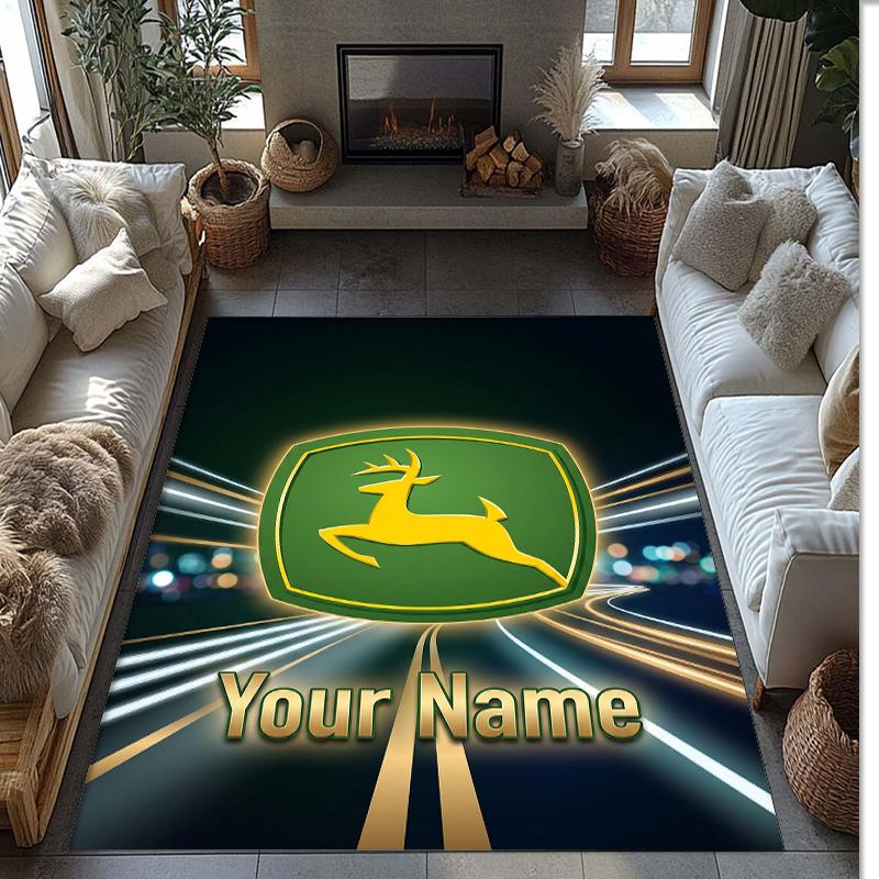 John Deere Crystal Velvet Rug, Custom Name Text Personalized Non‑Slip Floor Mat for Home Decor Gift