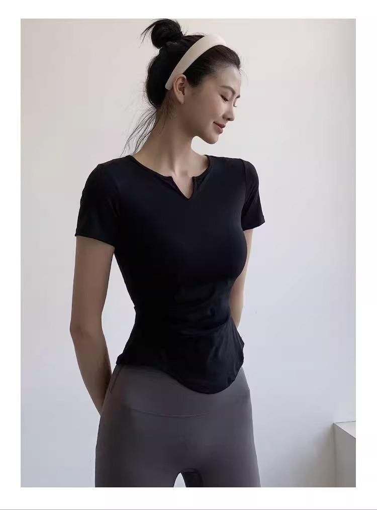 Women's V-Neck Slimming Yoga T-shirt with Ruched Waist - Stretchy & Skin-friendly