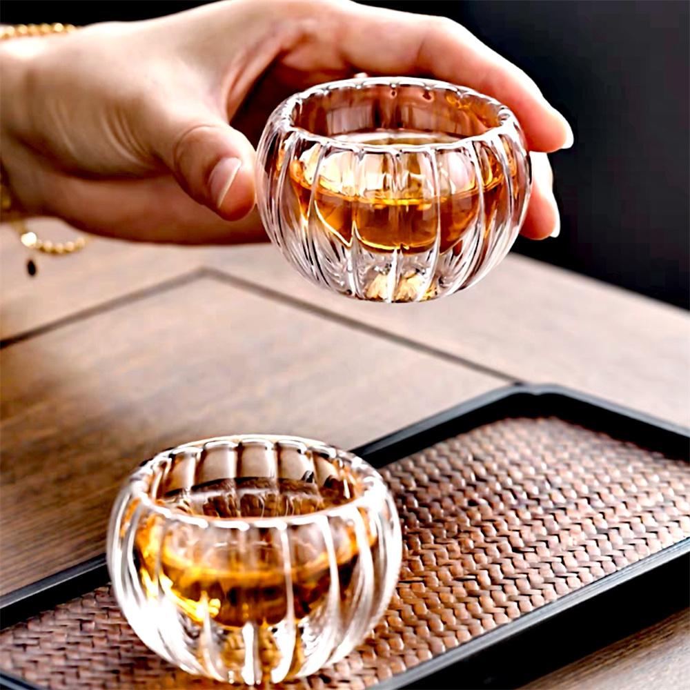 6pcs/Lot 50ml Stripe Double-layer Glass Tea Cup Heat Resistant Teaware Small Capacity Pumpkin shape Puer Taste TeaCup Cups