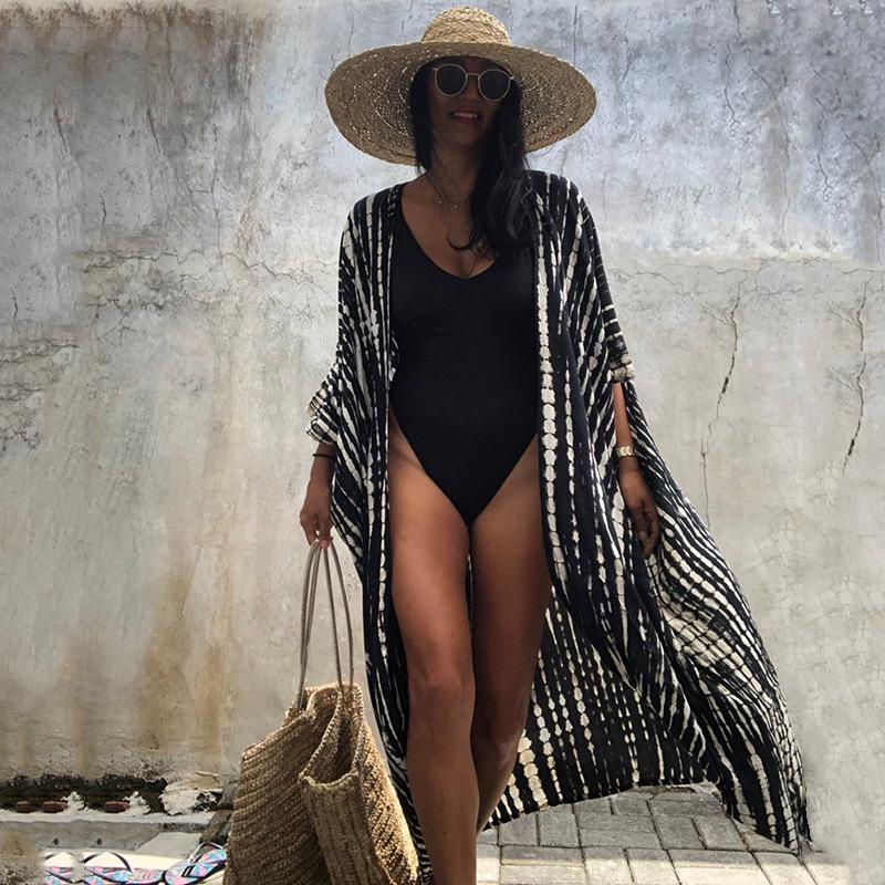 Black & White Tie-Dye Cardigan Beach Dress & Swimsuit Cover-Up