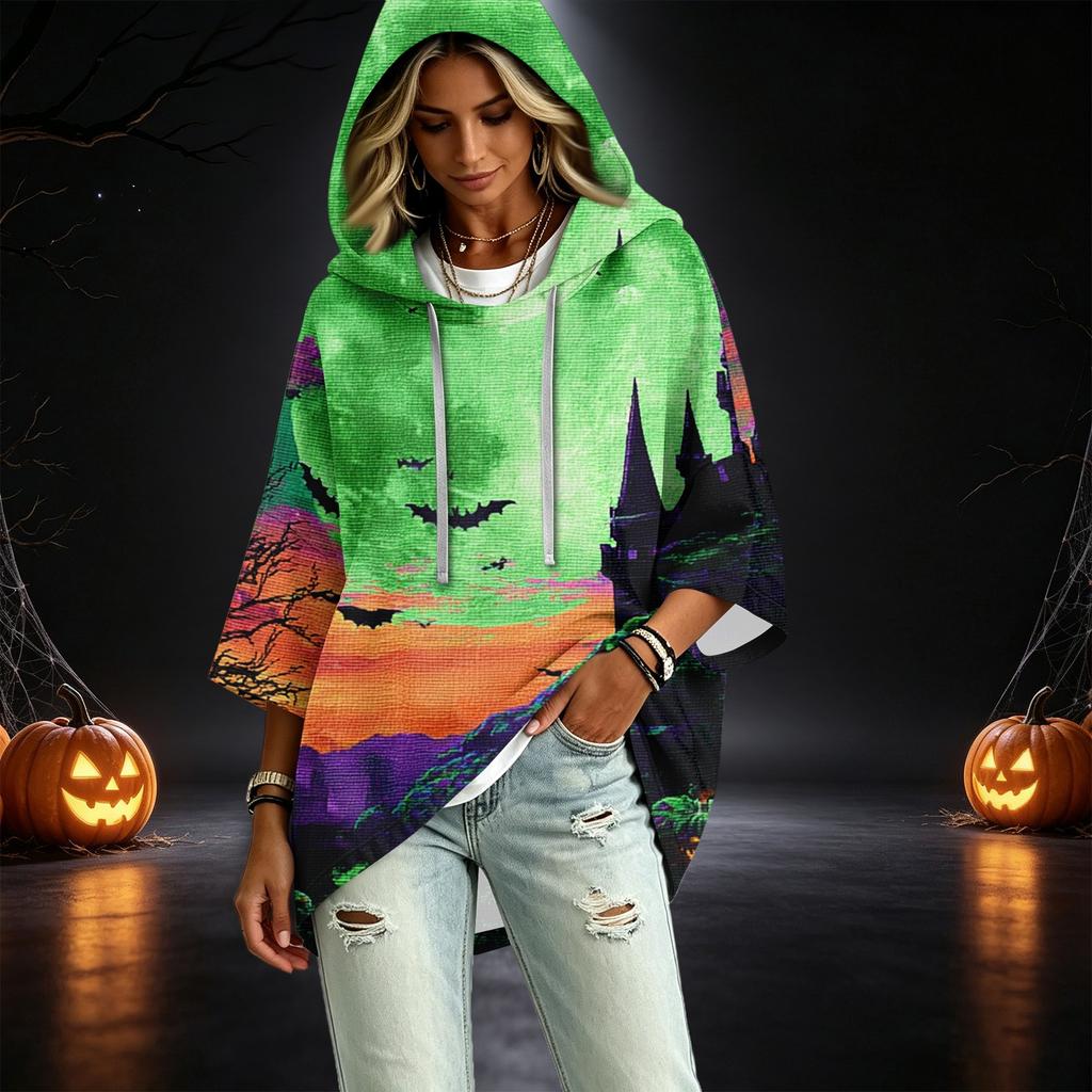Women's Halloween Print Hooded Pullover Top with 3/4 Sleeves