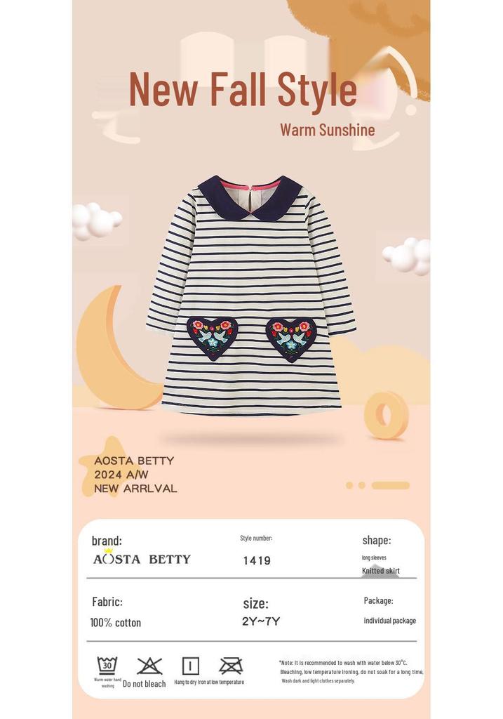 European Style Striped Princess Dress for Girls with Lapel and Embroidery – Long Sleeve Toddler Dress
