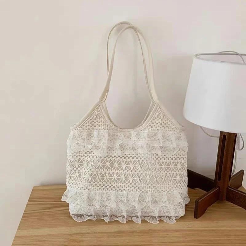 Summer Leisure Vacation Backpack Fairy Lace Shoulder Beach Bag Lace Mesh Tote Bag Underarm Shoulder Satchel Capacity Women's Bag