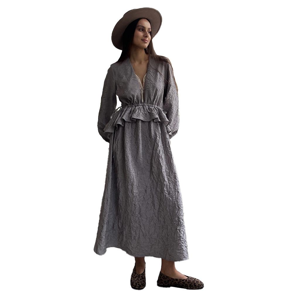 Pleated texture dress European and American spring and summer new lotus leaf edge lantern sleeve lace lace dress