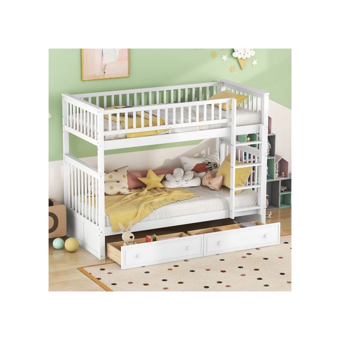 Lits superposés - MUVOE - 90x200cm - Blanc - Avec tiroirs - Sécurisé pour enfants