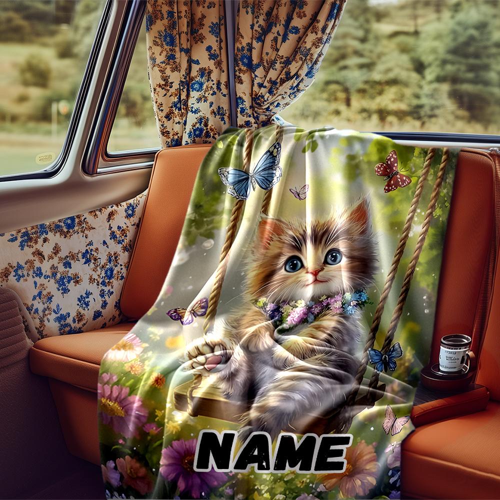 Cute Kitten On Swing Surrounded By Butterflies And Flowers Blanketcustomizable With Your Namecomfortable And Stylish Perfect For Travel Beds Chairs