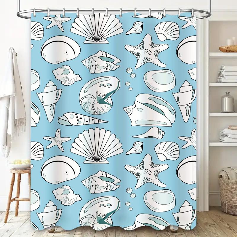 Blue Sea Shell Print Shower Curtain Set: Waterproof Fabric Decorative Home Bath Room Accessory For Bathroom Light Blue