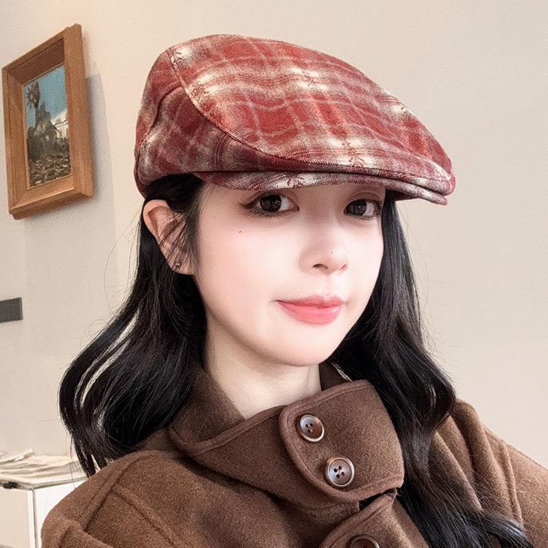 Plaid Backwards Forward Hat Women's Autumn and Winter Japanese Retro Duck Beret Personalized Versatile Painter's Newsboy Hat