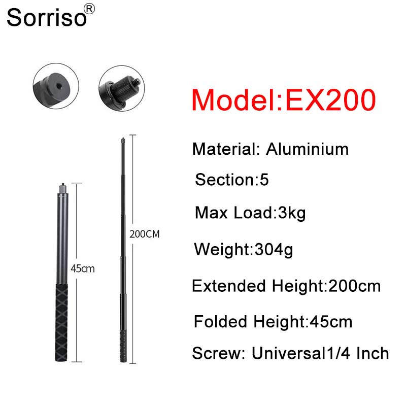 SORRISO 200cm Time Selfie Stick Aluminium Long Telescopic Extension Pole Rod Monopod For Gopro Phone Action Camera 7