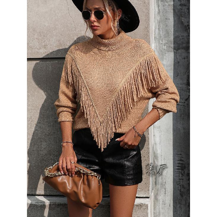 2024 Осень и зима Новый европейский и американский женский свободный однотонный вязаный свитер с кисточками и высоким воротом S хаки