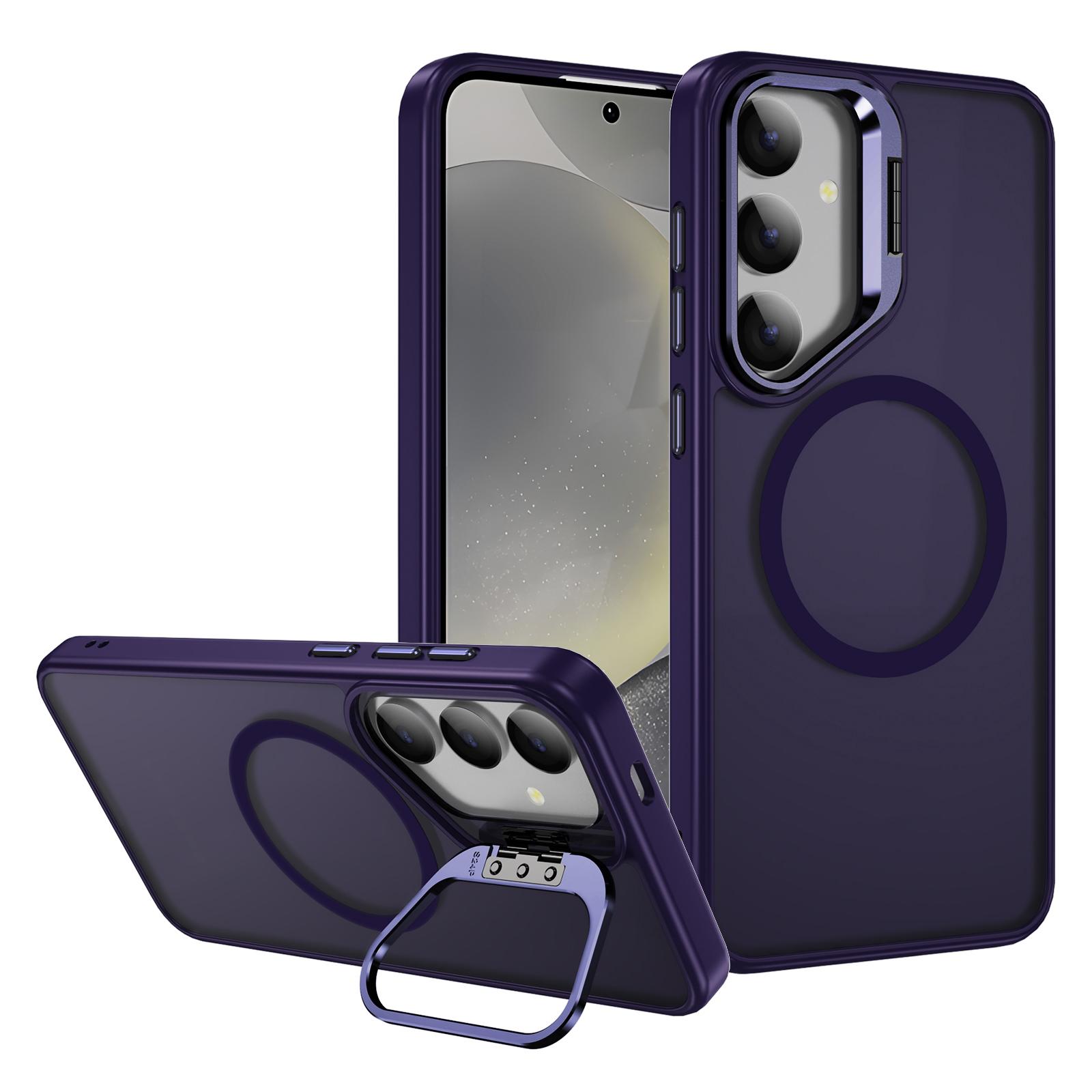 

Для Samsung Galaxy S24 FE Магнітний чохол з об єктивом-підставкою, PC+TPU чохол для телефону з покриттям, що нагадує шкіру Dark Purple