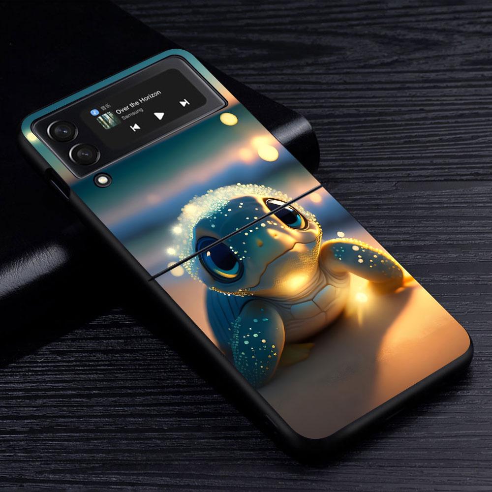 Cute Little Turtle Luxury Case for Samsung Galaxy Z Flip4 Flip3 5G PC Hard Cell Phone Shell Z Flip 4 3 Black Zflip4 Zflip3 Cover