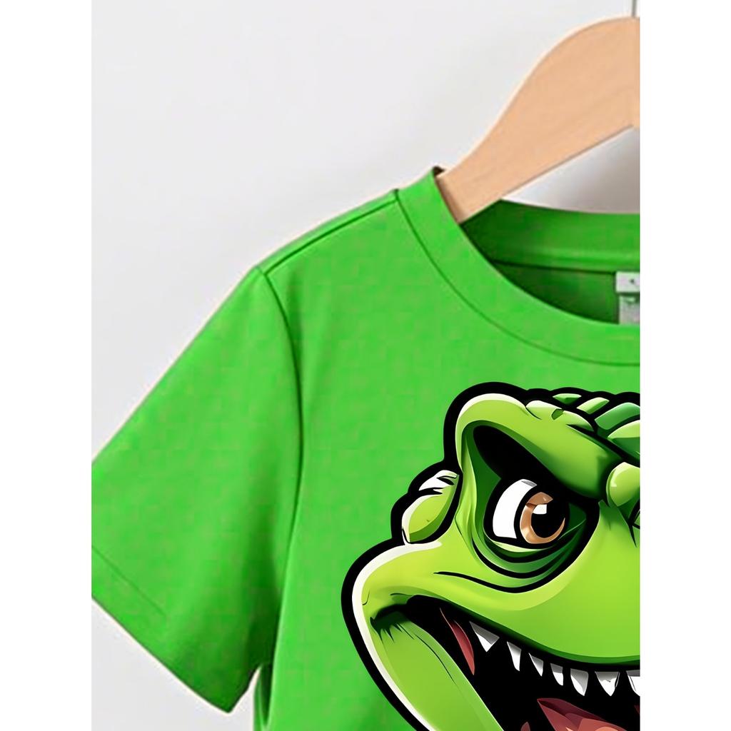 Boys' Spring and Autumn Set with Stylish Dinosaur Print Round Neck Short Sleeve T-Shirt and Shorts Casual