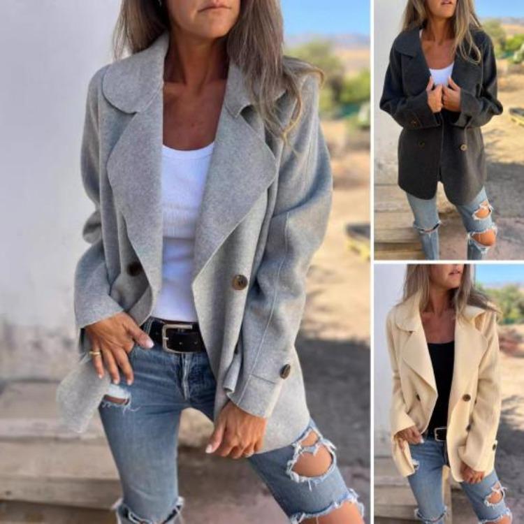 Winter Women Double Breasted Woolen Overcoat Solid Color Coat Loose Fit Thermal Long Sleeve Turn Down Collar Dating Commuting Outerwear