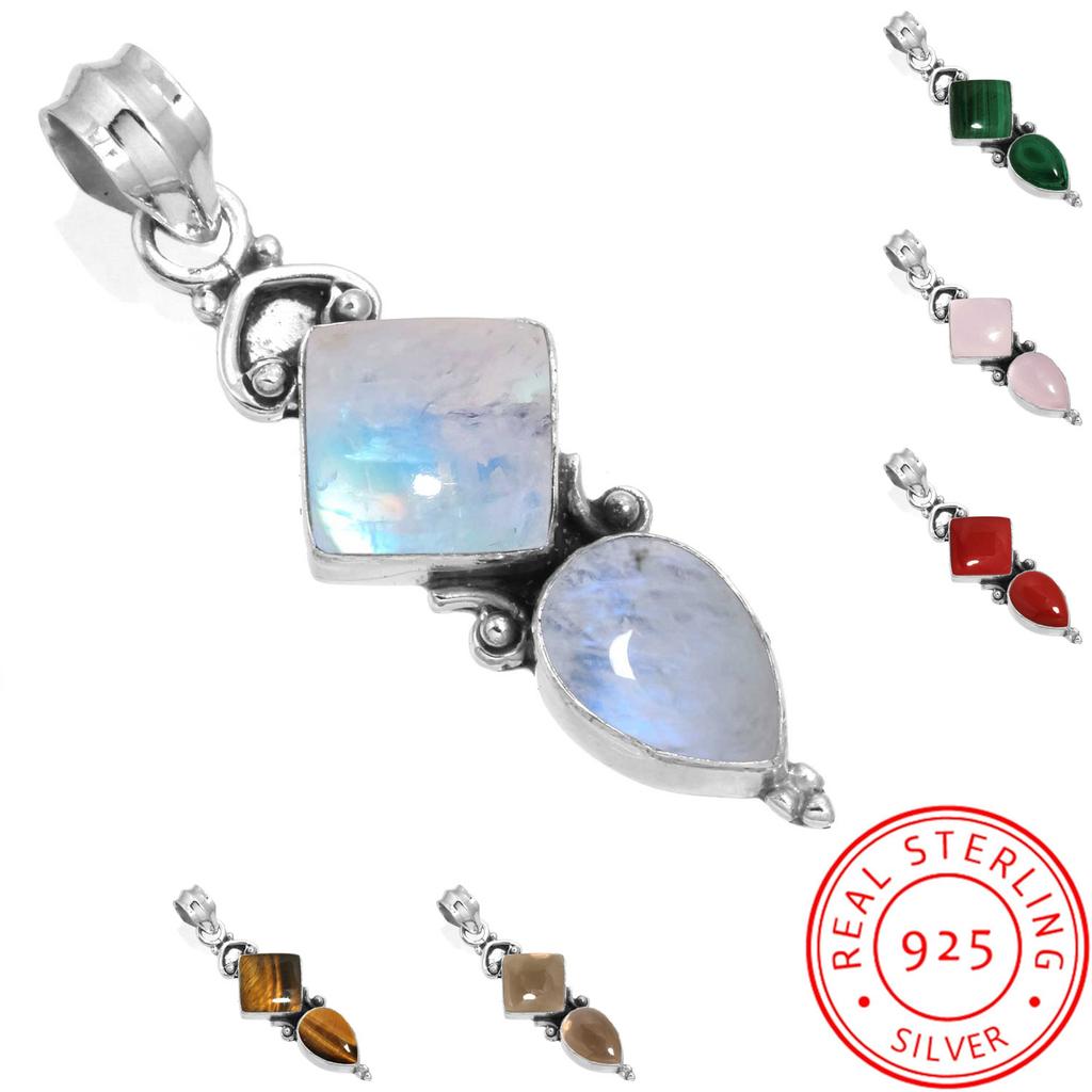 925 Sterling Silver Pendant Women Gemstone Handmade Jewelry Valentine's Day Gift Malachite Moonstone Rose Quartz Red Stone Smoky Topaz Tiger Eye